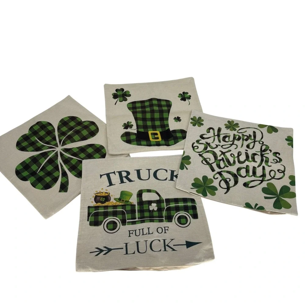 St Patricks Day‎ Pillow Covers Set of 4 Green Buffalo Plaid Luck Decor Shamrock